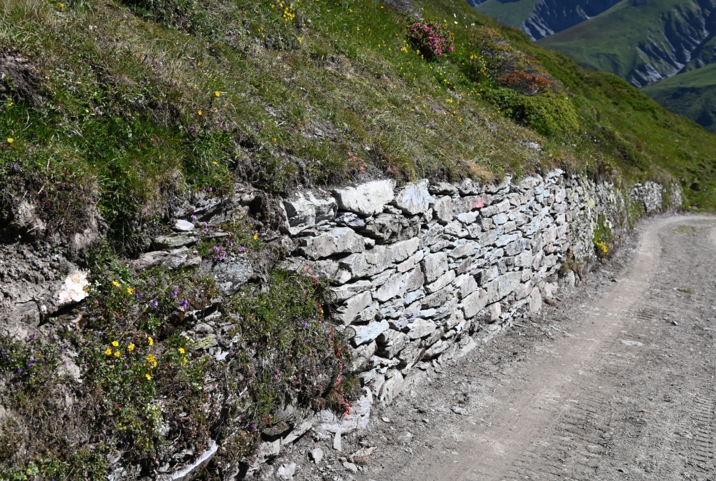 Eine neu aufgebaute Trockenmauer zwischen zwei bestehenden.