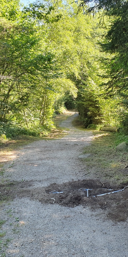 Induktionsschlaufen messen das Besucheraufkommen im Naturpark Beverin. Eine Frau gräbt auf einem Weg im Wald eine Vertiefung, um Messungen vorzunehmen.