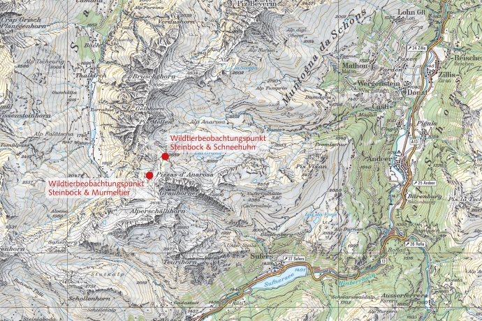 Standorte der Wildtierbeobachtungspunkte (© swisstopo) Standorte der Wildtierbeobachtungspunkte (© swisstopo)
